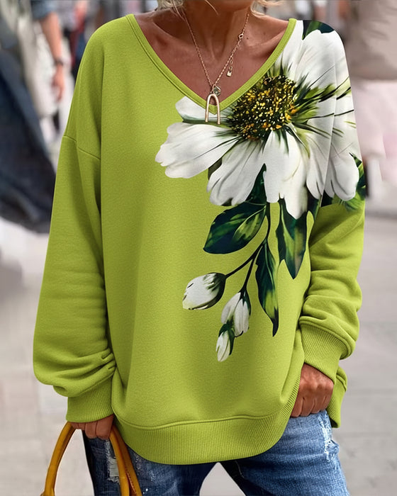 Bluza Dekolt V Luźny Krój Drukowany