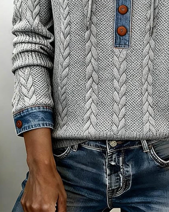 Bluza Z Kapturem Color Blocking Z Długimi Rękawami I Guzikami