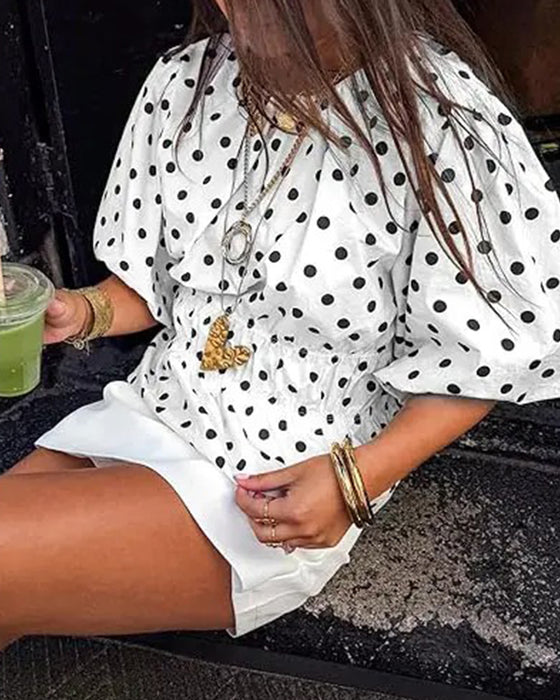 Bluzka Kropka Off-Shoulder Przepasujący Balonowy Rękaw