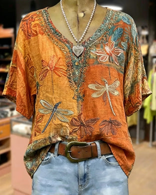 Bluzka Vintage Wzór Ważka Casual