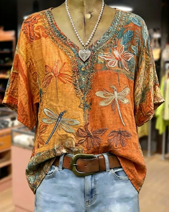 Bluzka Vintage Wzór Ważka Casual