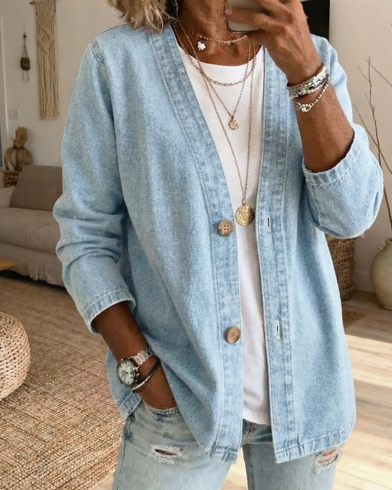 Płaszcz Denim Z Dekoltem W Szyję Kardigan