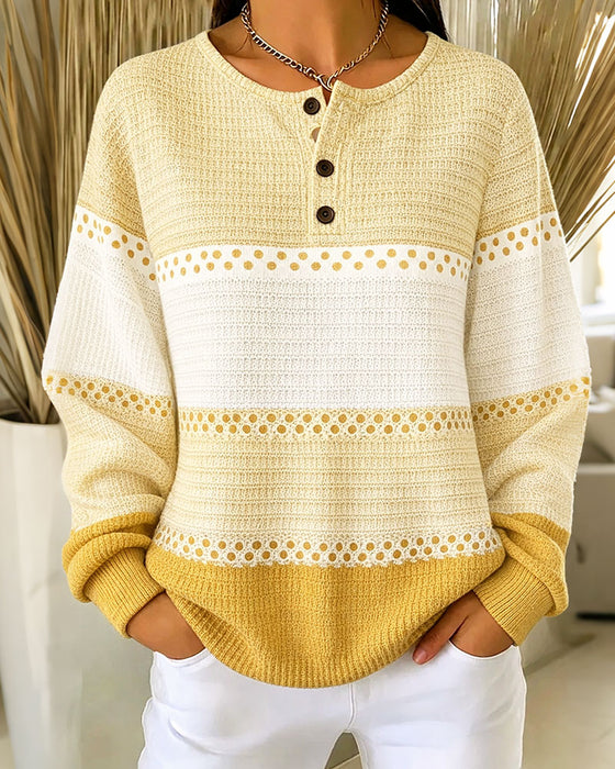 Bluza Blok Kolorów Dzianina Waflowa Henley Sweter