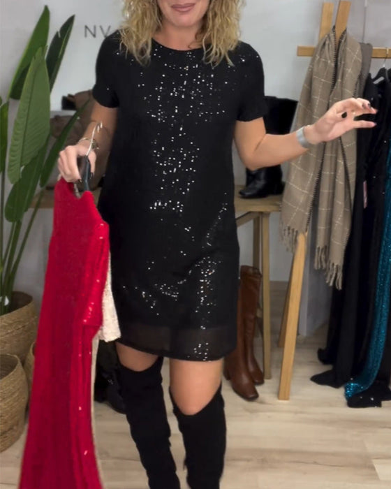 Elegancka sukienka z okrągłym dekoltem i cekinami