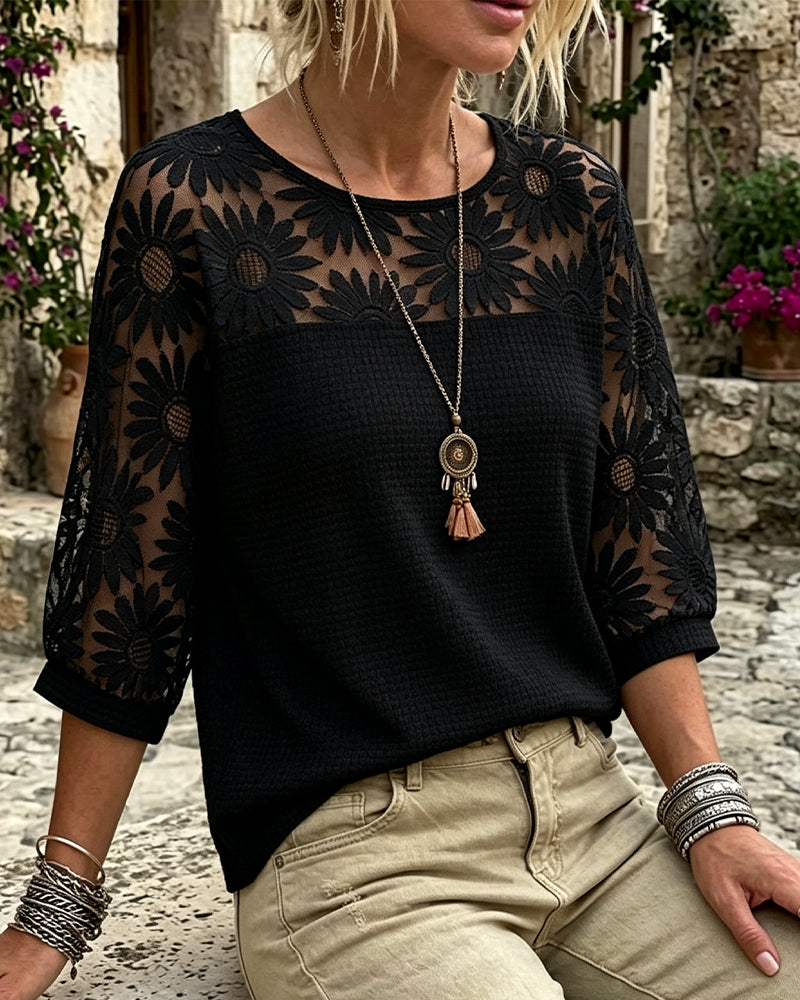 T-Shirt Okrągły Dekolt Koronka Wafel Patchwork