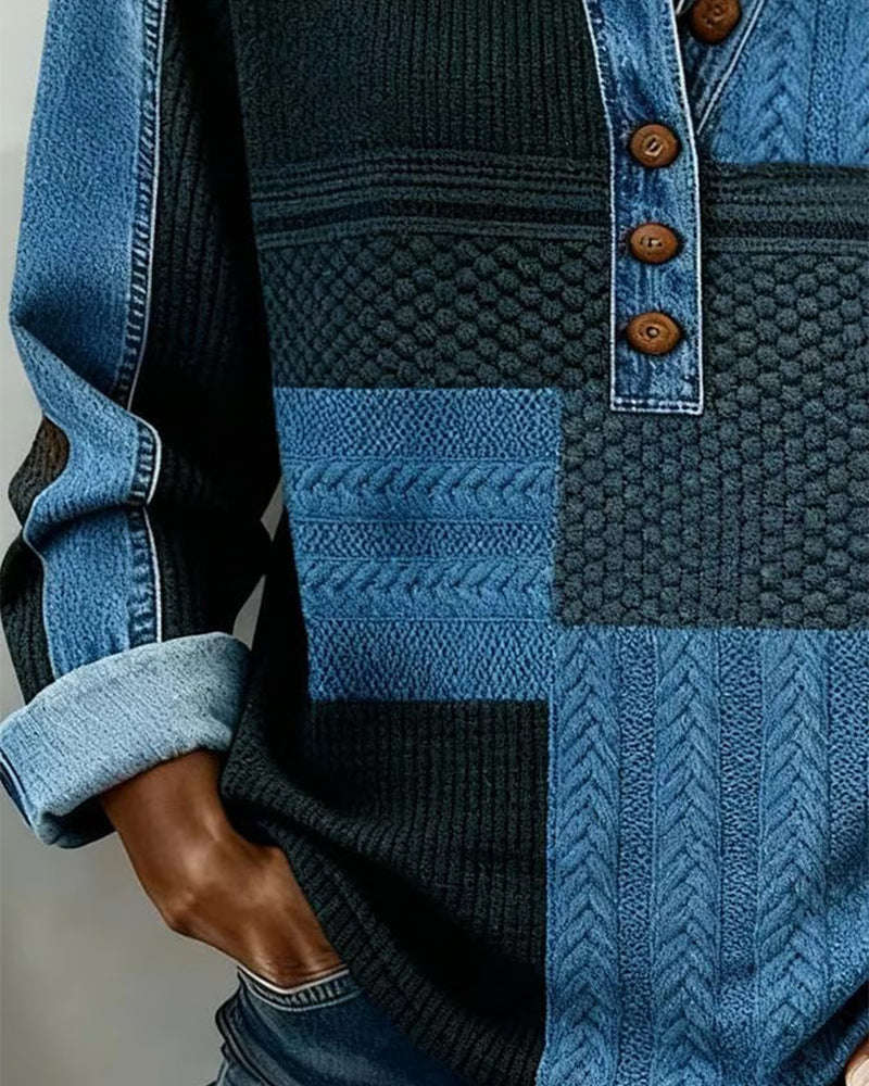 Nadrukowany Sweter Dresowy Z Długimi Rękawami I Kołnierzem Button-Down