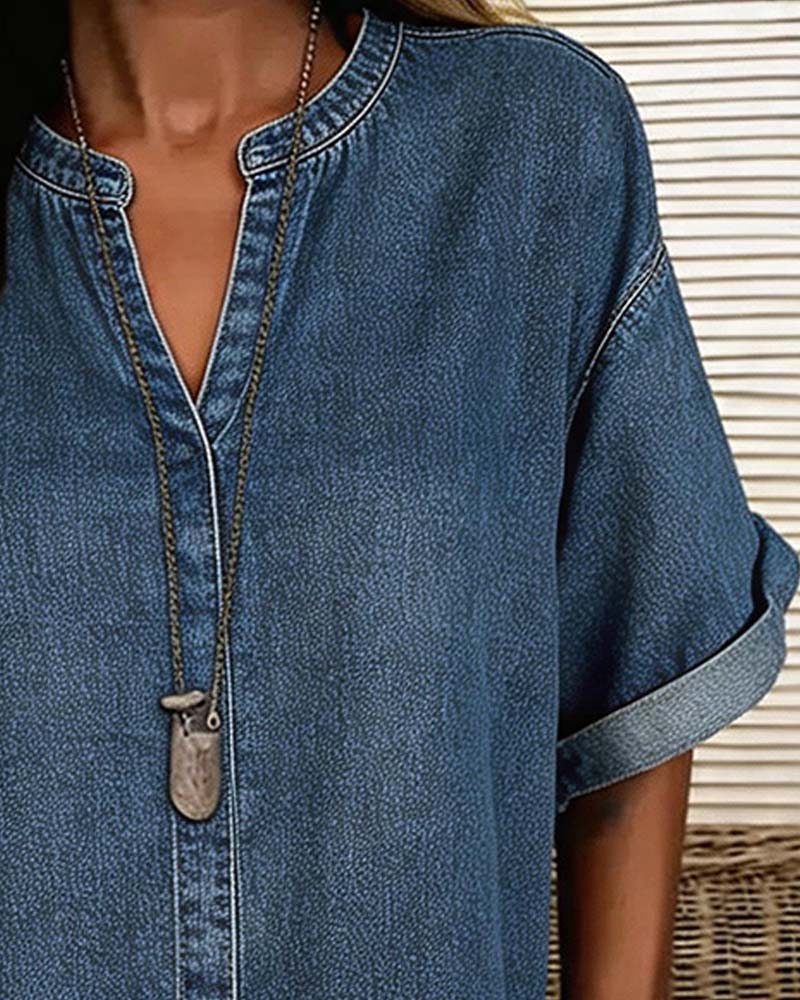 Bluzy V-Szyja Denim Krótki Rękaw
