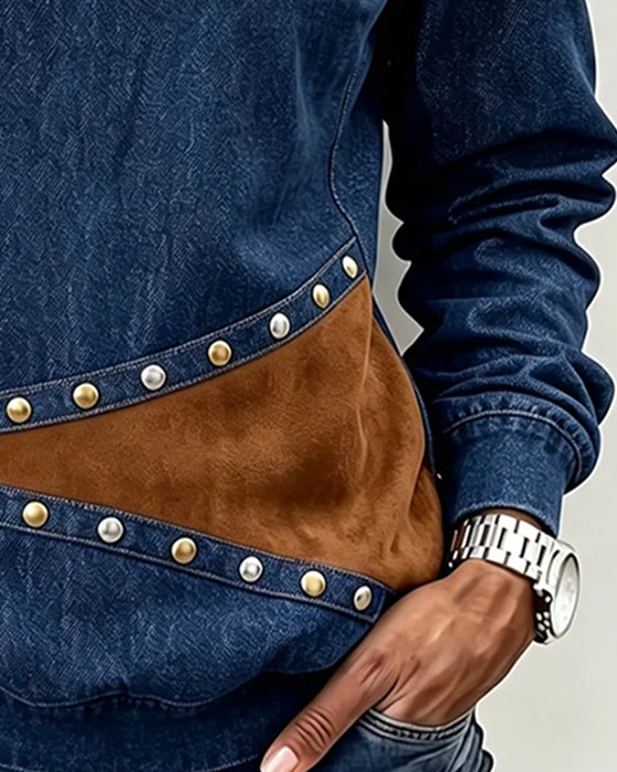 Top Okrągły Dekolt Denim Spliced Blok Kolorów