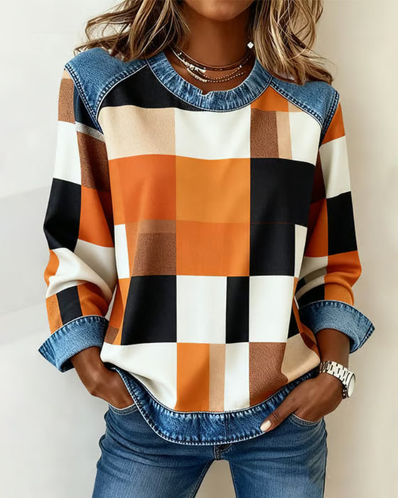 Bluza W Kraciasty Patchwork I Kontrastowym Kolorem