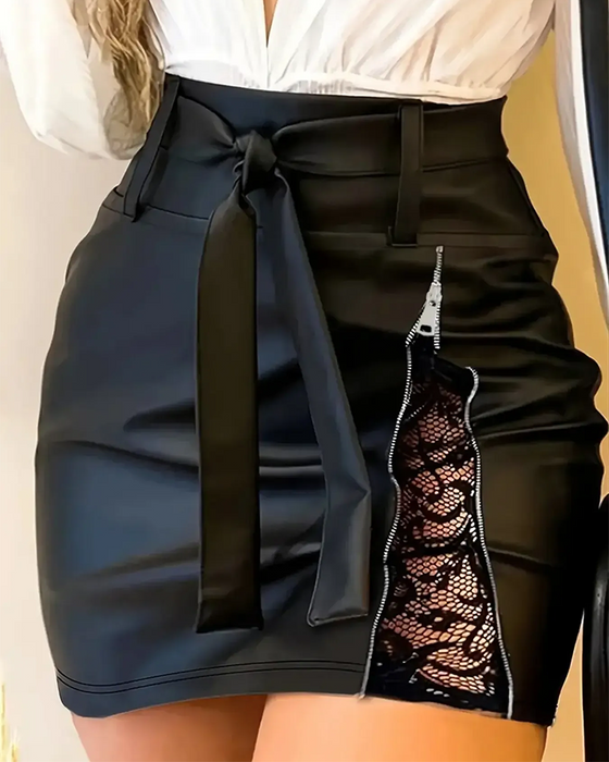 Spódnica Koronka Patchwork Bodycon PU