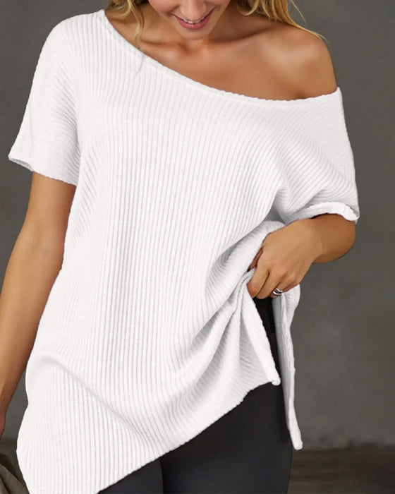 T-Shirt Nieregularny Off-Shoulder Krótki Rękaw Żebrowany