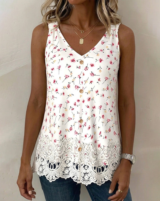 Tank Top V-Szyjka Ramiączko Spaghetti Kwiatowy Koronka Patchwork