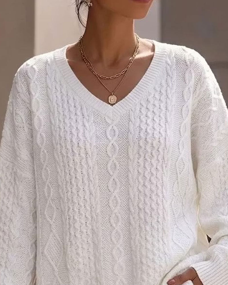 Pullover Dekolt W Stylowy Jednolity Luźny Dzianinowy