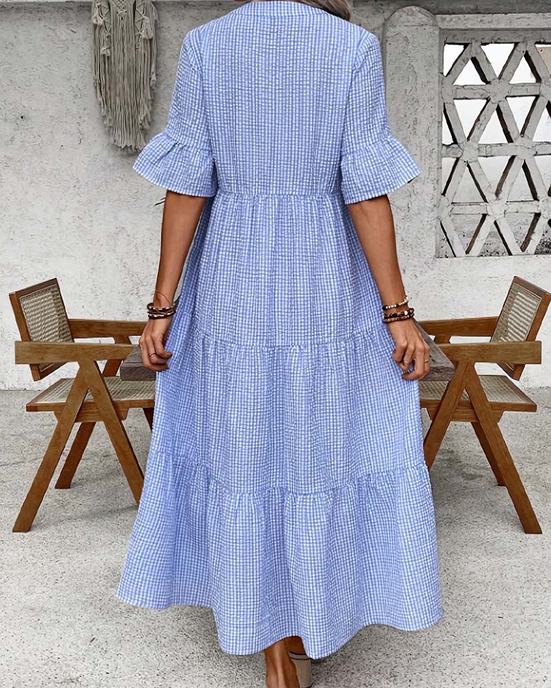 Sukienka Niebieski Biały Gingham V-Szyja