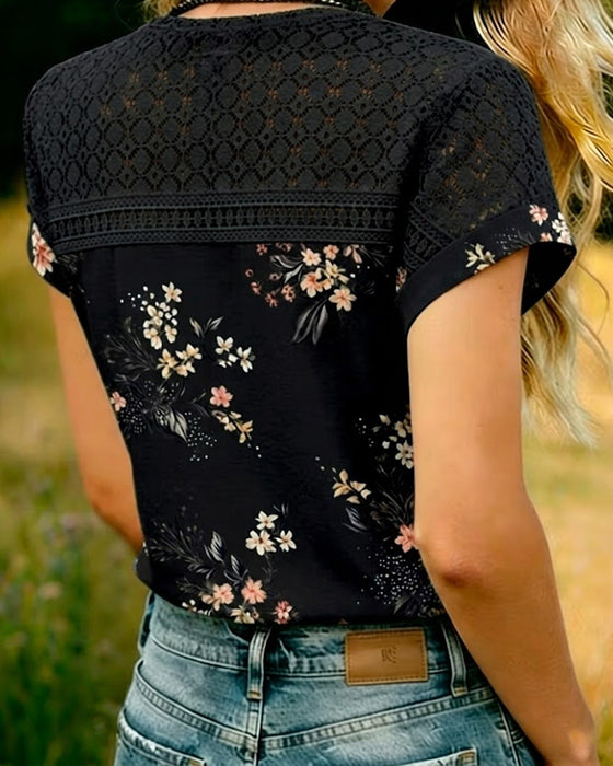 T-Shirt Z Wycięciem Patchwork Krótki Rękaw