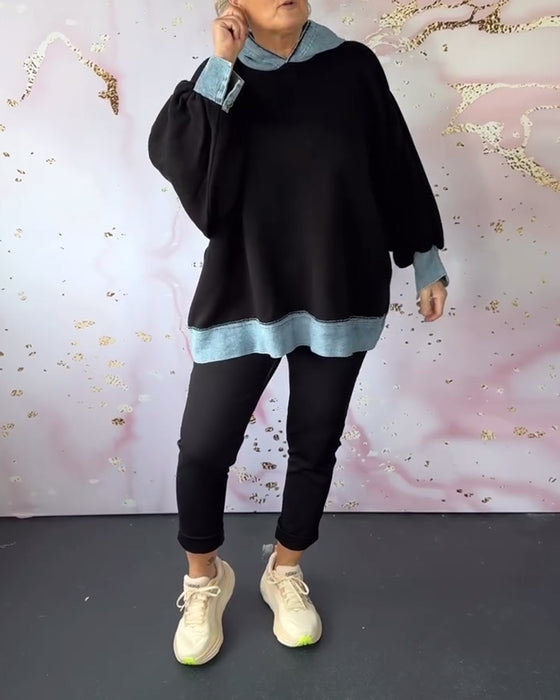 Swobodna bluza z kapturem w kontrastowym kolorze z rękawami typu latarnia