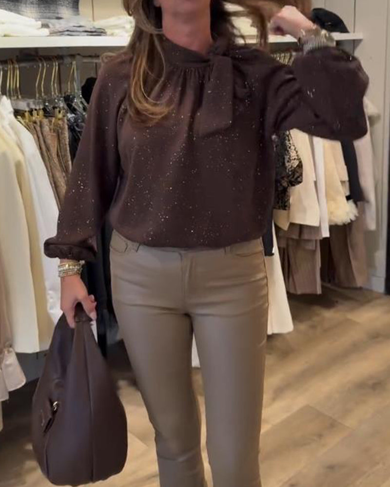 Bluzka Z Detalem wstążki, Projektem Rękawów Pufowanych, Tkaniną Prześwitującą Blaskiem I Elegancją Wibracji