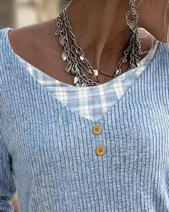 Top Żebrowany Krata Patchwork Długi Rękaw
