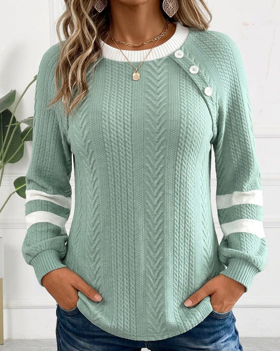 Sweatshirt Okrągły Dekolt Guzik W Paski Żakard