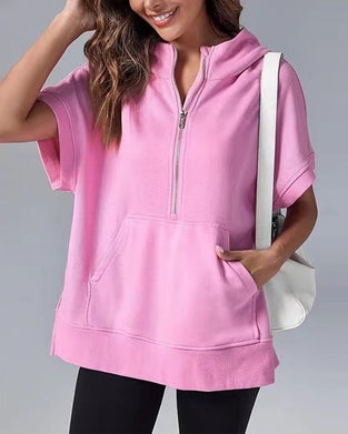 Bluza Krótki Rękaw Częściowy Zamek Błyskawiczny Z Kapturem