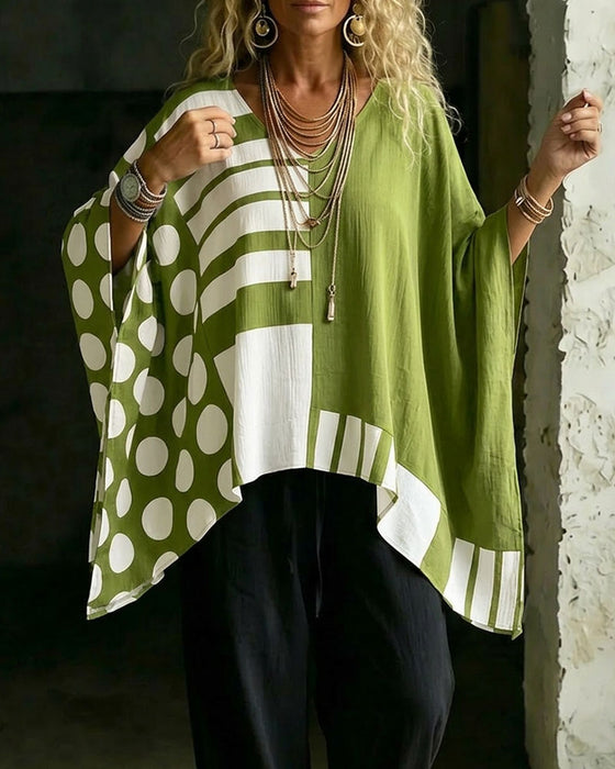 Bluzka Polka Dot Pasek Patchwork V Szyja