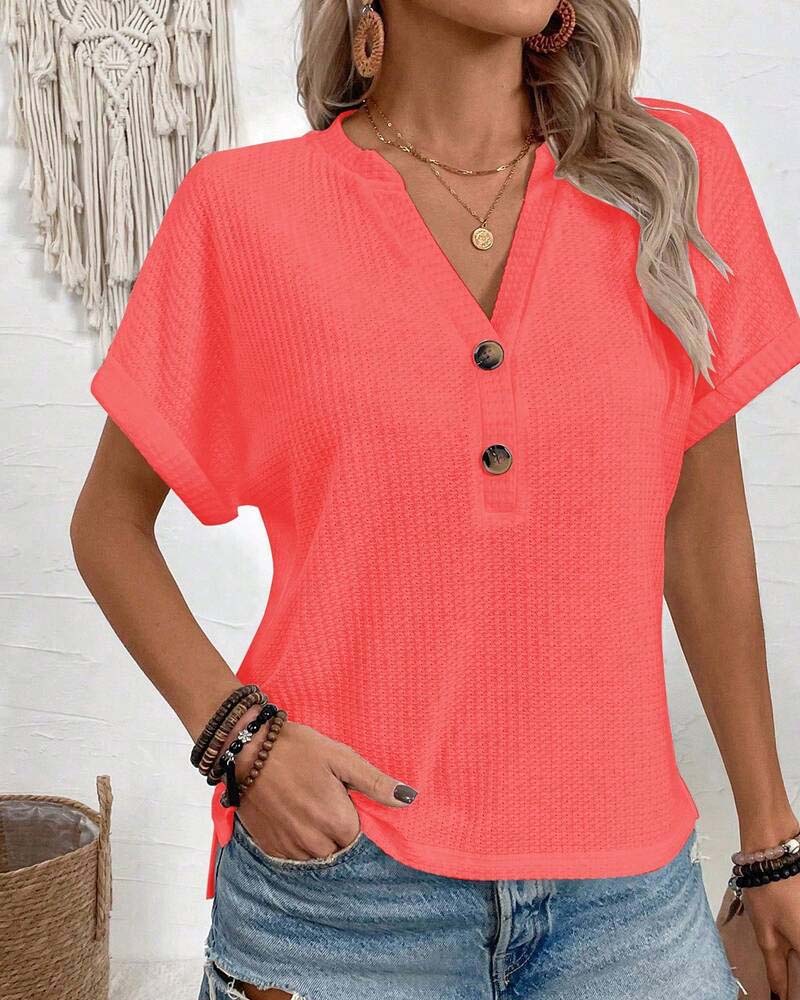 T-Shirt Wafel Dekolt V Guzik