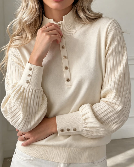 Pullover Golf Guzik Prążkowany Bufiaste Rękawy Sweter