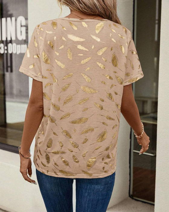 T-Shirt V-Dekolt Wzór Liści Casual