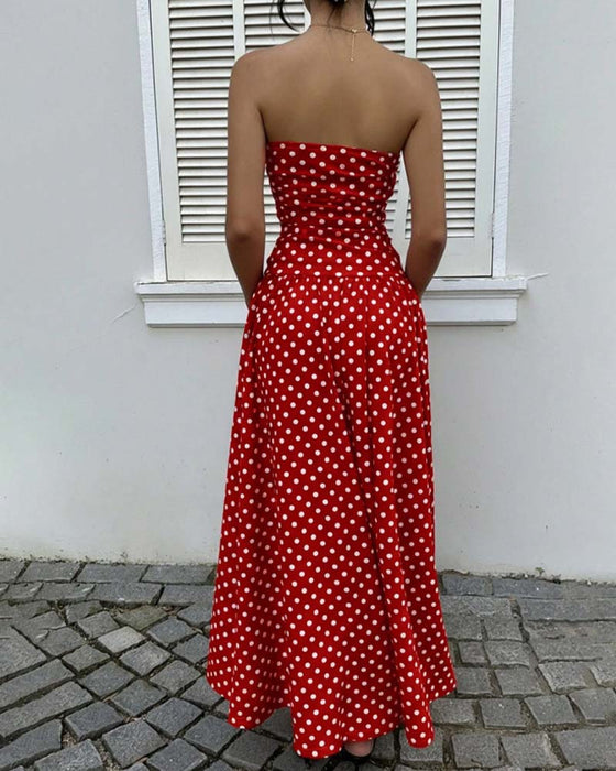 Sukienka Bandeau W Kropki Linia A Długa