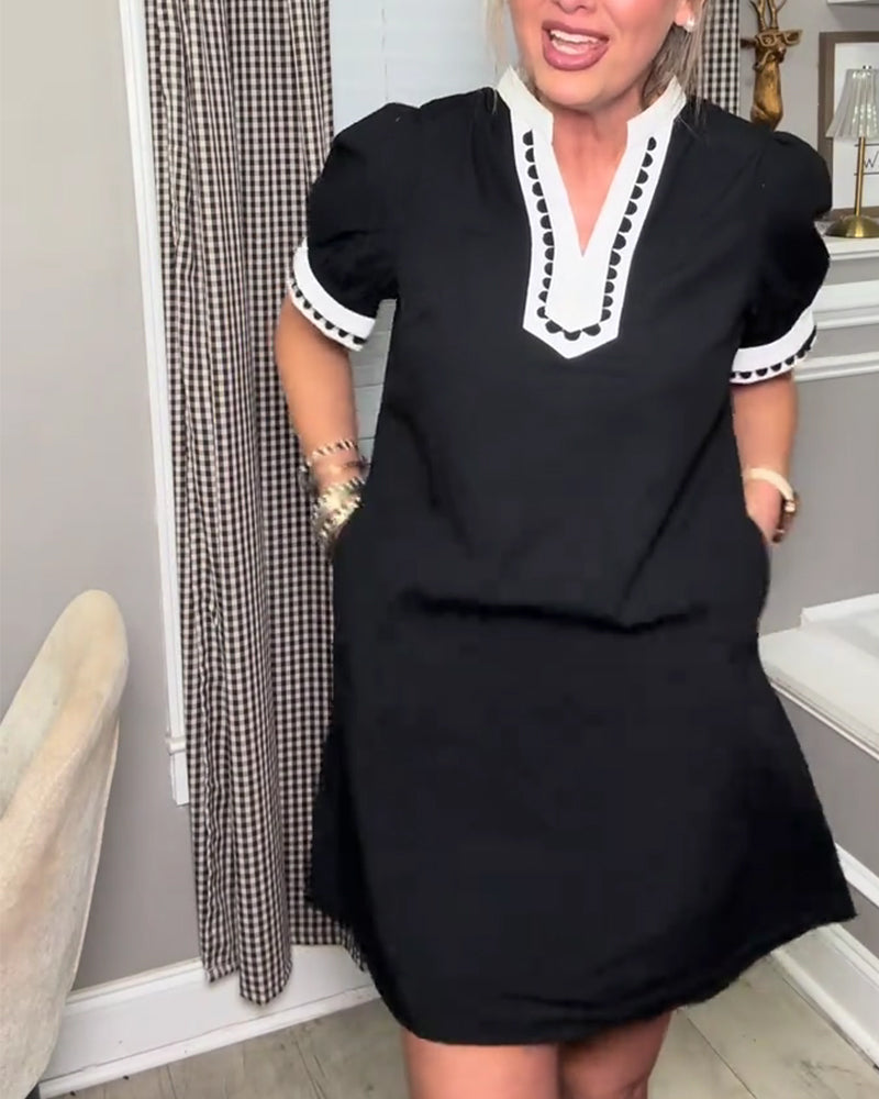 Sukienka Bańka Rękaw Blok Koloru Z Dekoltem W Szyję