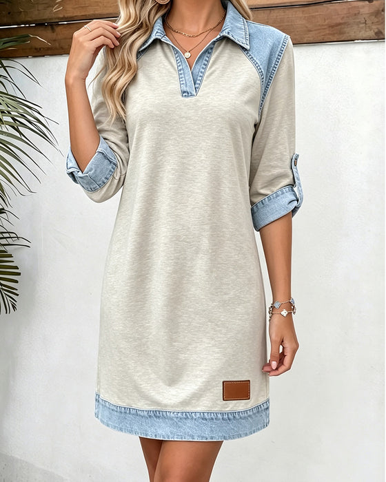 Sukienka Denim Patchwork Kołnierz Polo Długi Rękaw