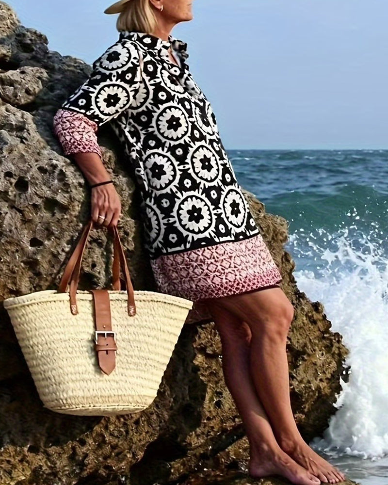 Sukienka Etniczny Styl Rękaw Trzy Czwarte