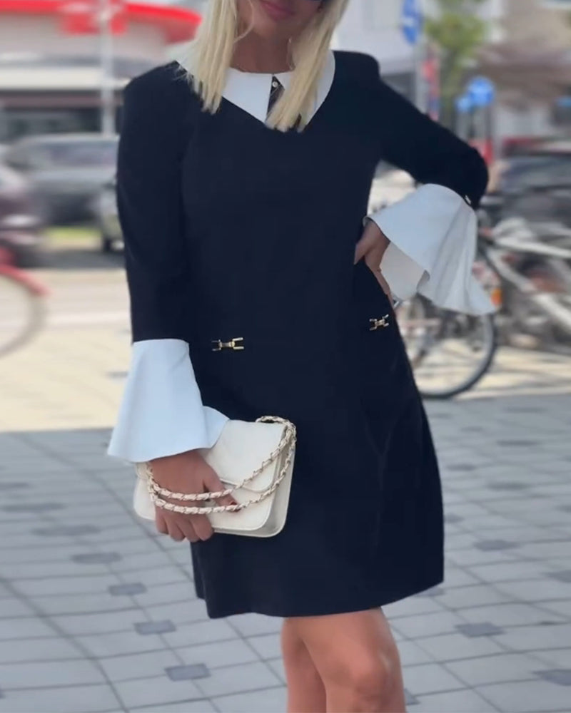 Elegancka kontrastująca sukienka z rękawami dzwonkowymi