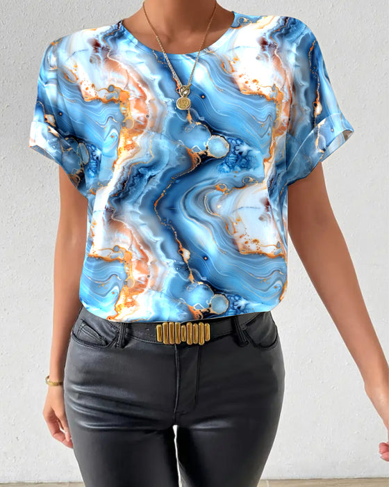 T-shirt Okrągły Dekolt Marmurkowy Wzór