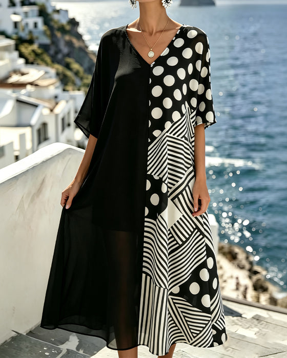 Sukienka V-Szyja Polka Dot Pasek Patchwork