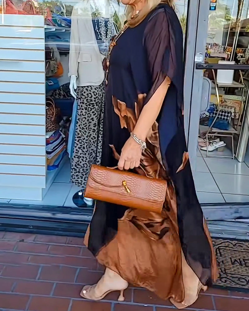 Sukienka Rękaw Nietoperza Szyfon Nadruk Maxi