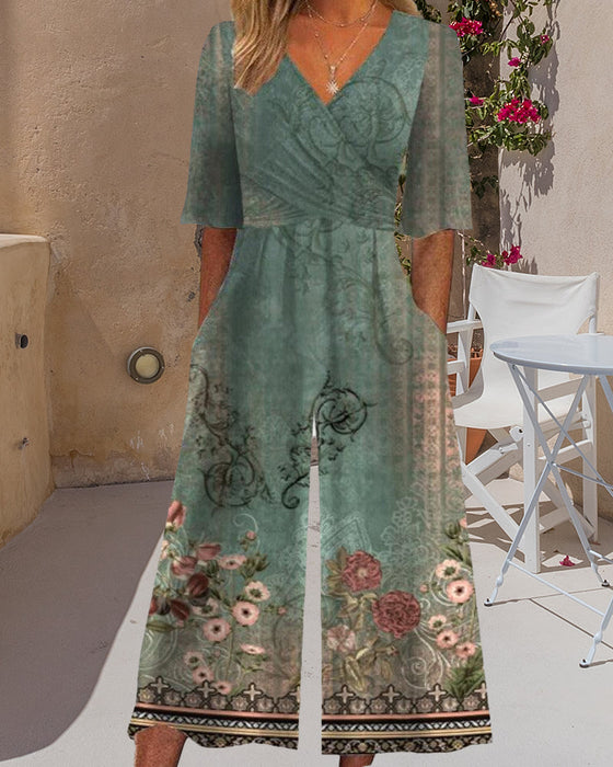 Kombinezon z kieszeniami w stylu vintage w kwiaty