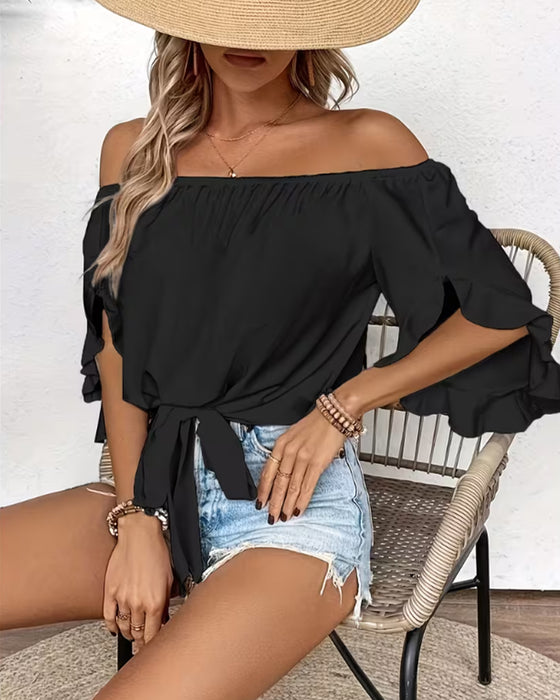 Bluzka Off-Shoulder Kokardka Rozkloszowany Rękaw