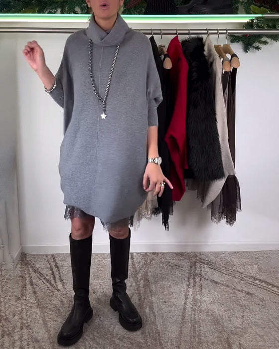 Sukienka z Ramiączkami Koronkowa Siateczka Garnitur Wysoki Kołnierz Rękawy Nietoperza