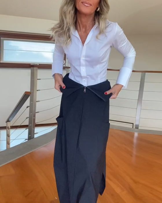 Modna jednokolorowa spódnica z kieszenią na suwak