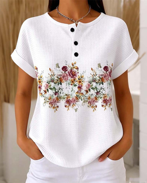 T-Shirt Okrągły Dekolt Guzik Wafel