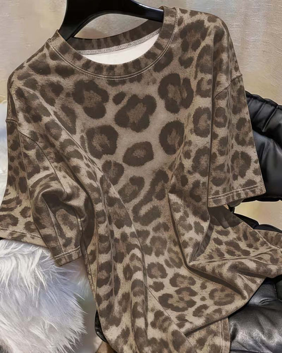 T-shirt Okrągły Dekolt Leopardowy Slim-Fit Krótki Rękaw