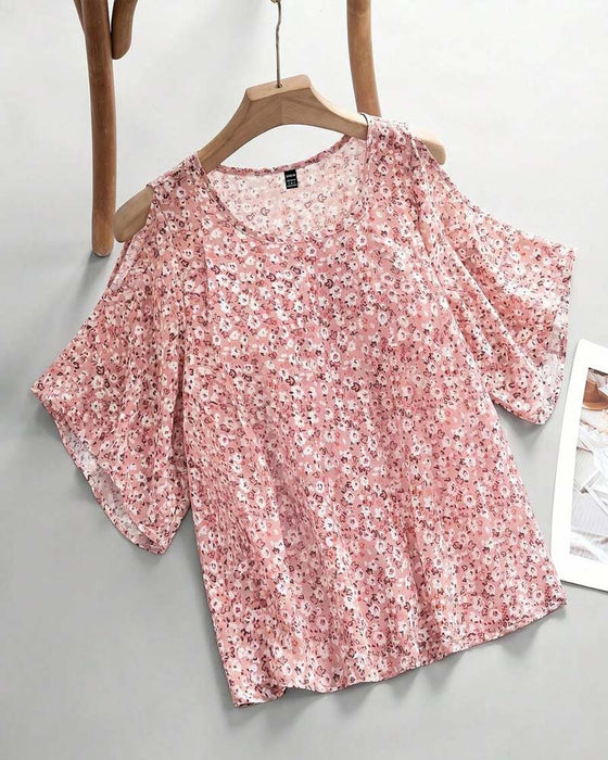 Bluzka V-Szyjka Kwiatowy Off-Shoulder Rękaw Motylkowy