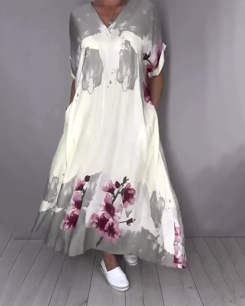 Sukienka Atrament Mycie Kwiat Brzoskwini Dekolt V Maxi