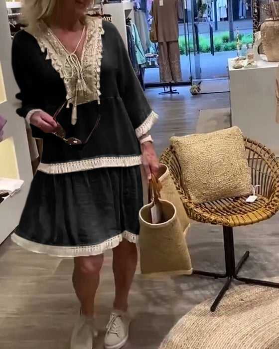 Koronkowa sukienka na co dzień z dekoltem w kształcie litery V i frędzlami