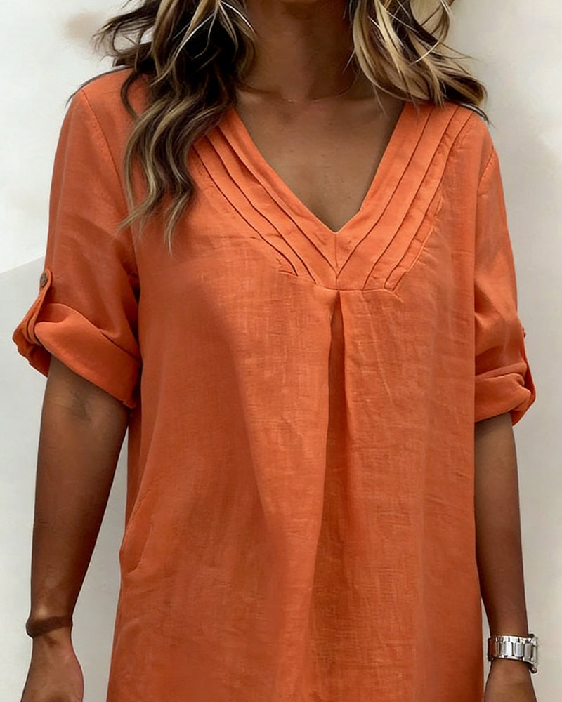 Sukienka Z Dekoltem W Serek Plisowana Z Bawełny I Lnu