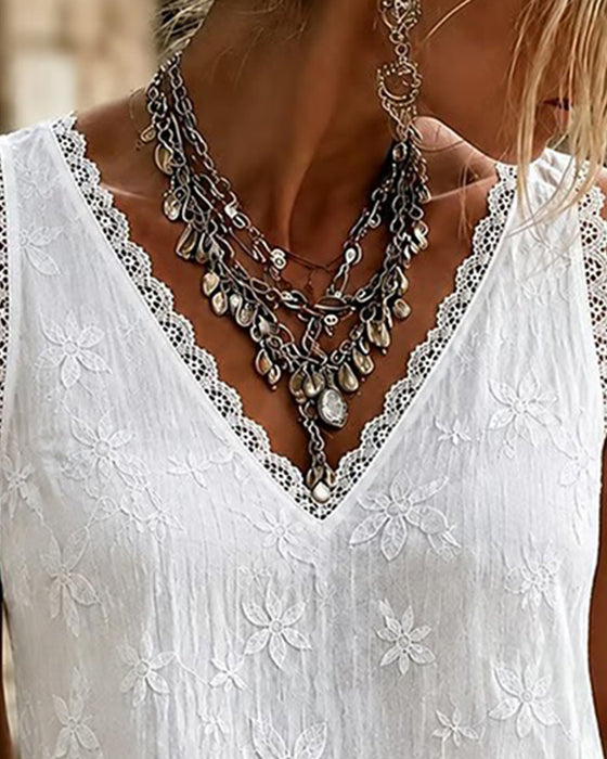 Top Bez Rękawów Dekolt V Jednokolorowy Z Koronką