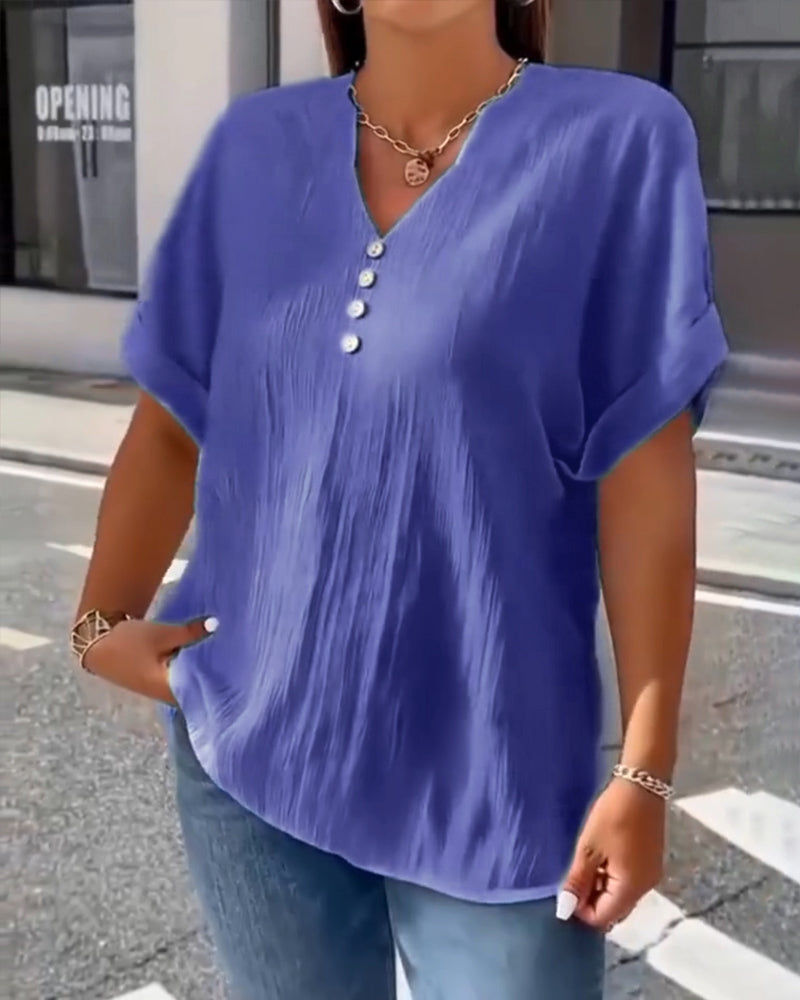 100% Bawełna  T-Shirt V-Dekolt Luźny Teksturowany