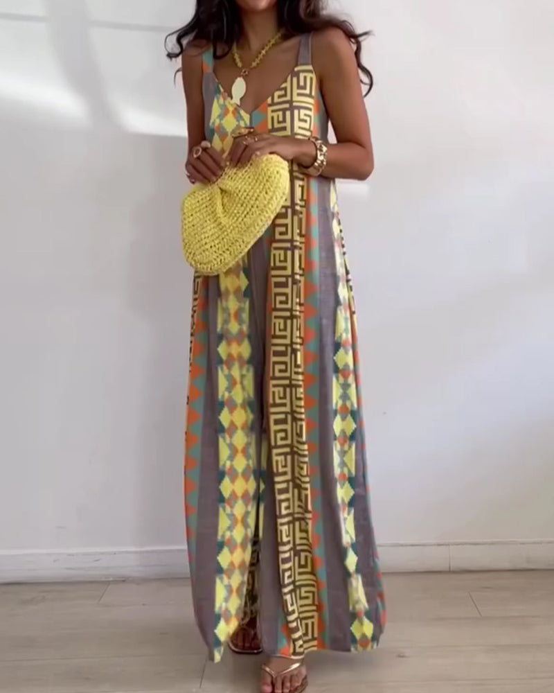 Jumpsuit Geometryczny Druk Ramiączko Spaghetti Szeroka Noga