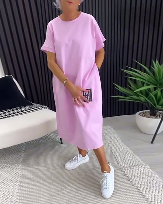 Sukienka Krótki Rękaw Swobodna Prosta Kieszeń